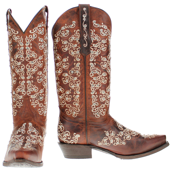 Women's Vaccari Cognac Snip Toe Crystal Embellished Cowgirl Boots | Brooklyn #select-a-toe_snip