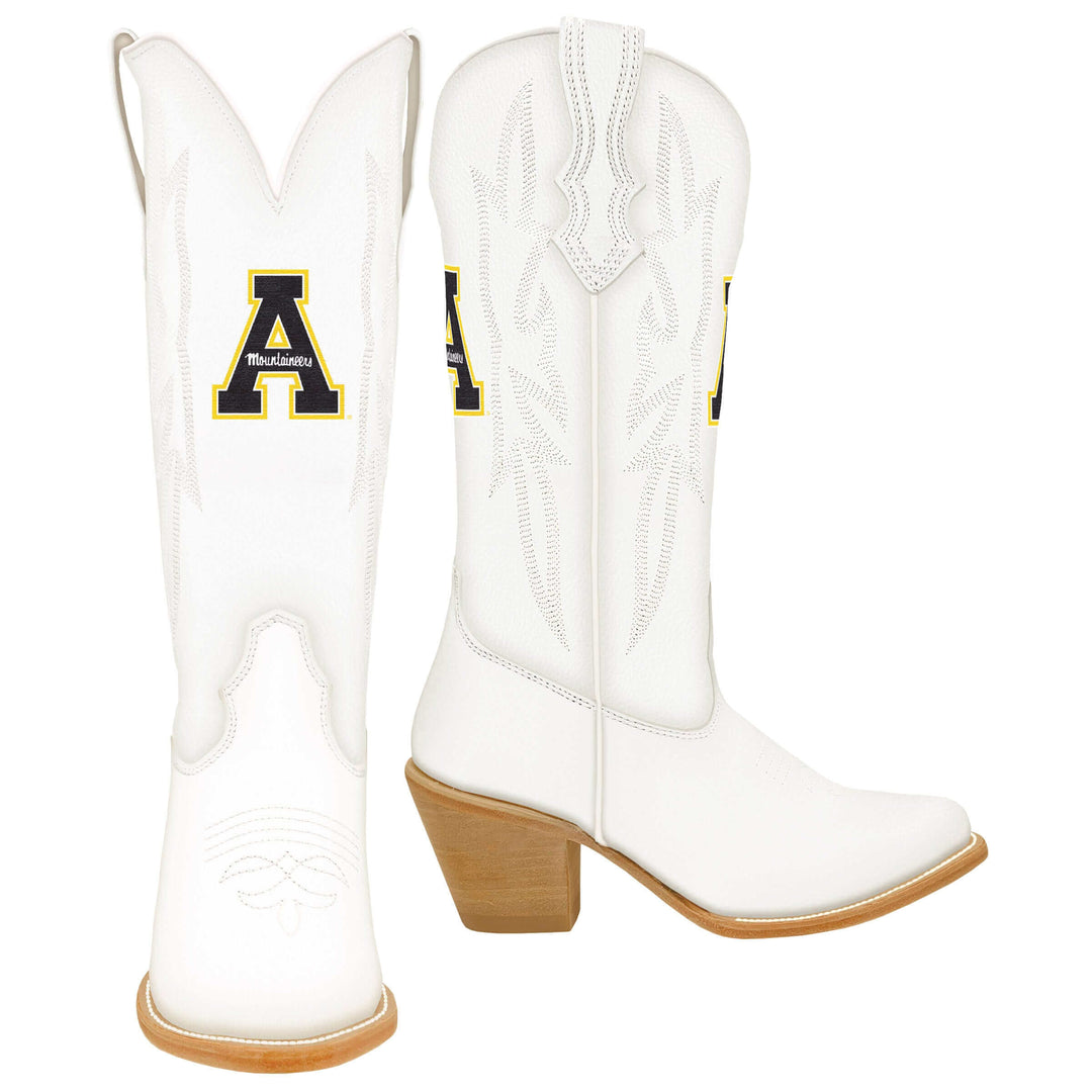 Women's App State University All White Pointed Toe Cowgirl Boots Leighton by Vaccari