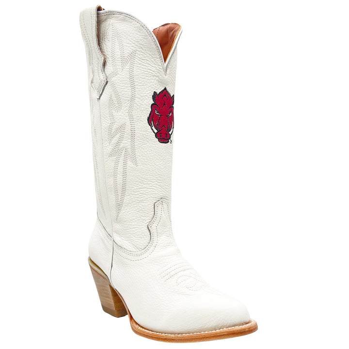 Women's University of Arkansas Less Than Perfect All White Pointed Toe Cowgirl Boots Leighton by Vaccari