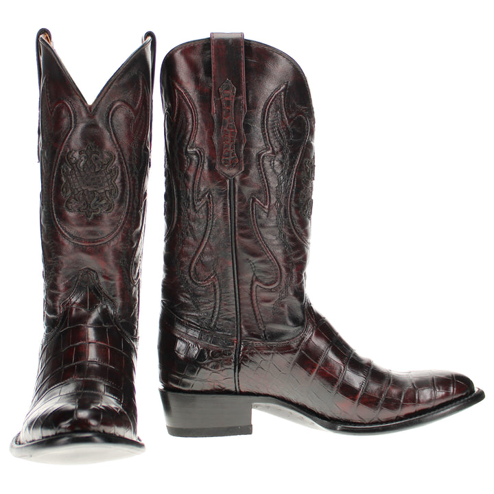 Mens Black Cherry American Alligator Belly Round Toe Western Boot That Looks Similar to Caiman Crocodile