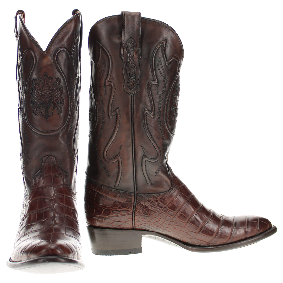 Mens Brown American Alligator Belly Round Toe Cowboy Boots That Look Similar to Caiman Crocodile Leather