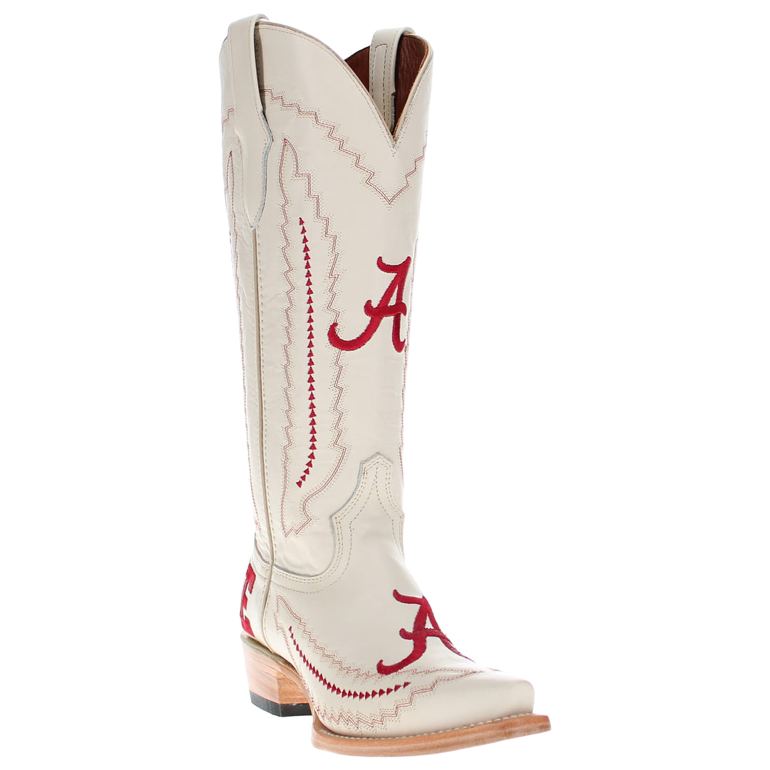 Women's University of Alabama Crimson Tide Bone Leather Snip Toe Cowgirl Boots by Vaccari