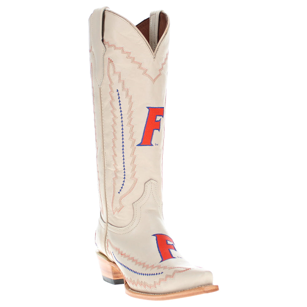 Women's University of Florida Gators Bone Leather Cowgirl Snip Toe Boots by Vaccari