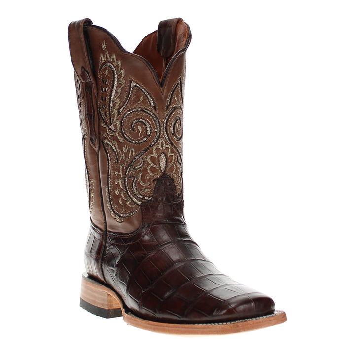 Womens Brown American Alligator Belly Tail Western Square Toe Boots with Decorative Top by Vaccari