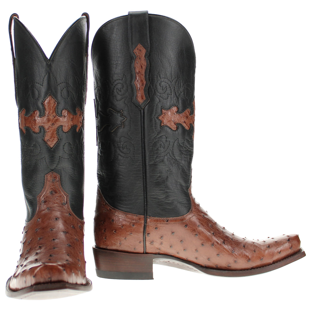 Mens mocha leather western boots with narrow square toe and decorative stitching, featuring full-quill ostrich leather on the foot for added texture.