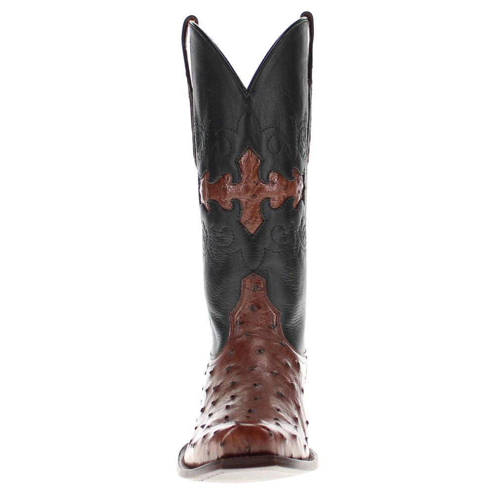 Mens mocha leather western boots with narrow square toe and decorative stitching, featuring full-quill ostrich leather on the foot for added texture.