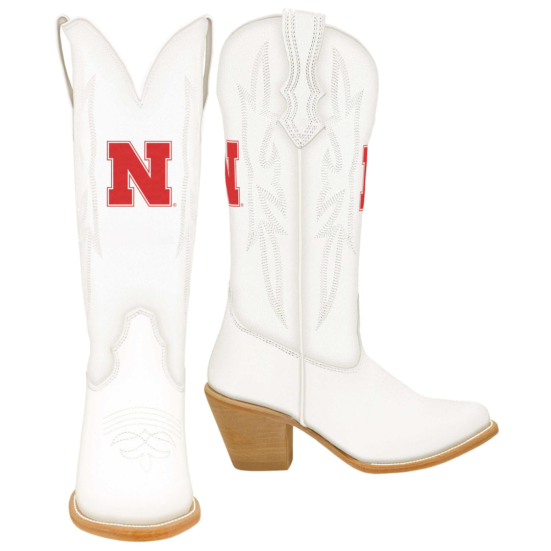 Women's University of Nebraska Cornhuskers All White Pointed Toe Cowgirl Boots Leighton by Vaccari