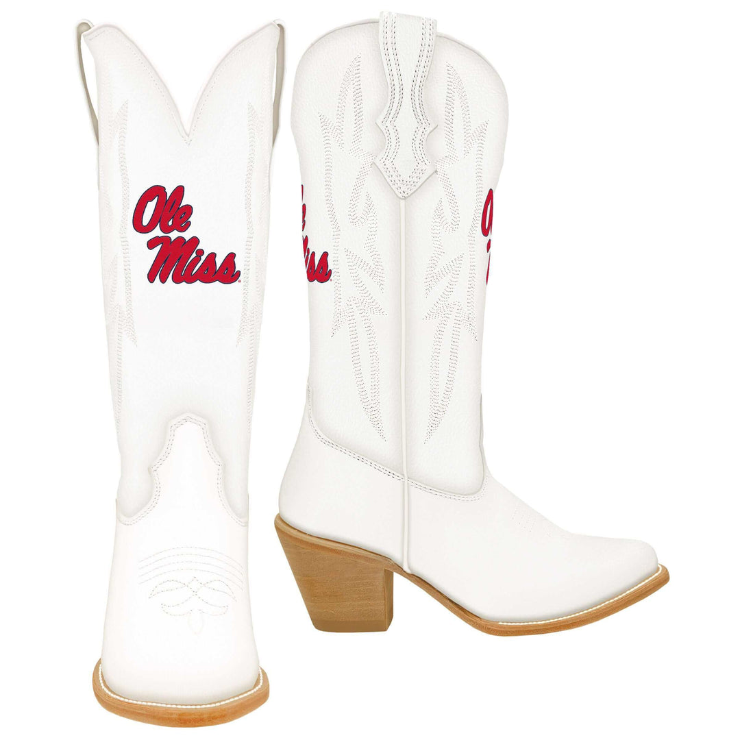 Women's University of Mississippi All White Pointed Toe Cowgirl Boots Leighton by Vaccari