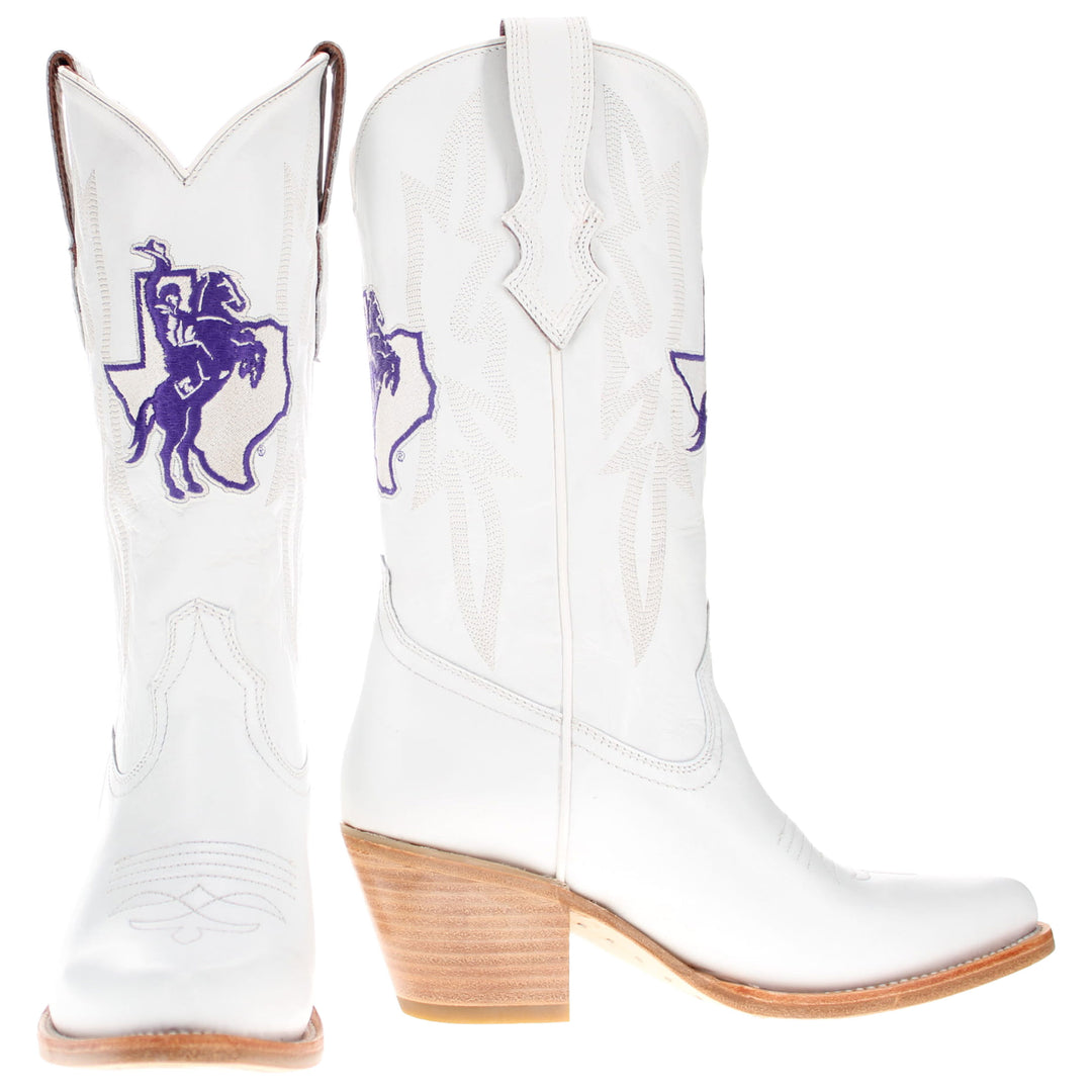 Women's Tarleton State University All White Pointed Toe Cowgirl Boots Leighton Vaccari University