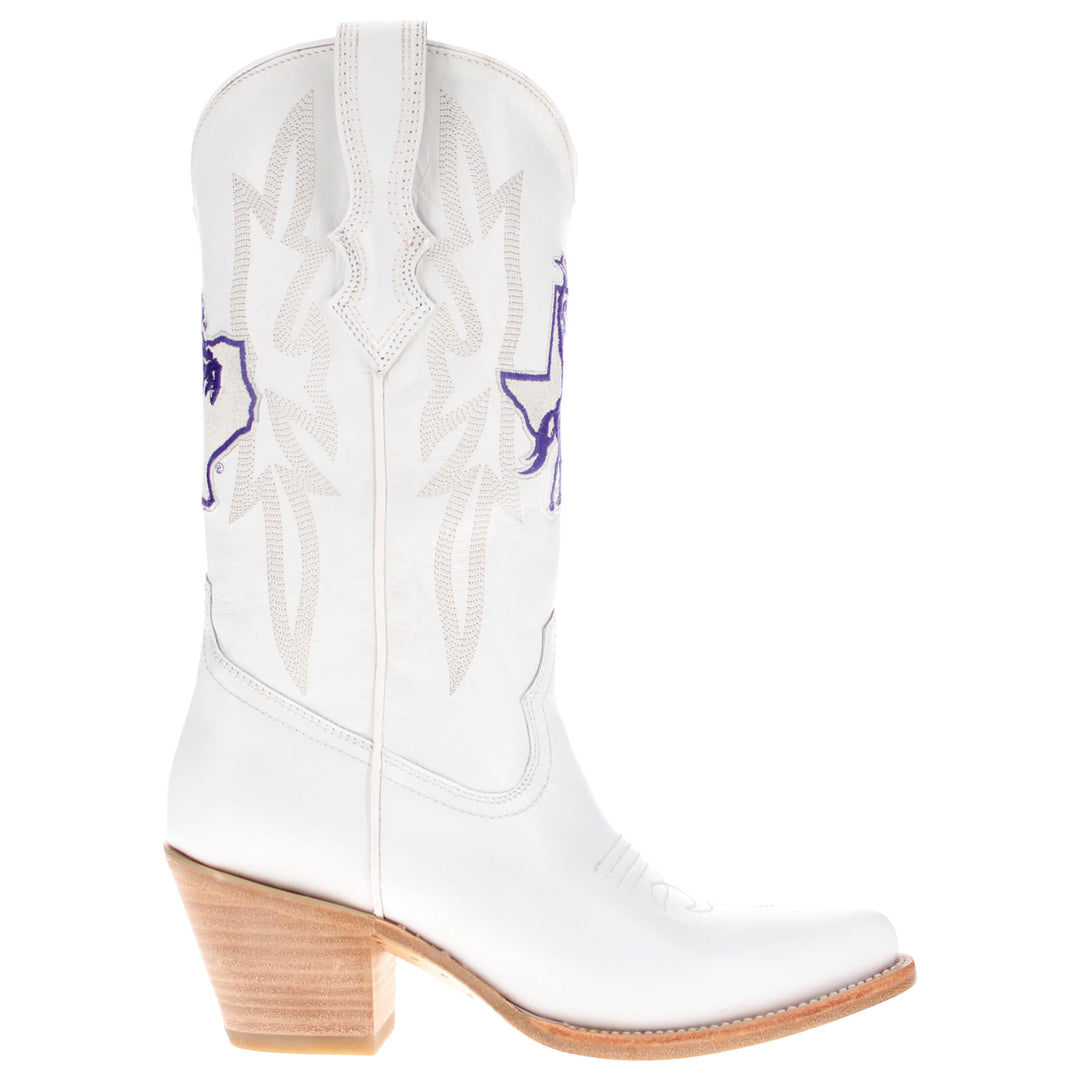 Women's Tarleton State University All White Pointed Toe Cowgirl Boots Leighton Vaccari University