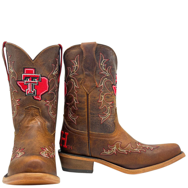 Kids Texas Tech University Red Raiders Cowgirl Boots | Gold studs Tan Snip Toe Boots | Officially Licensed | Amelia