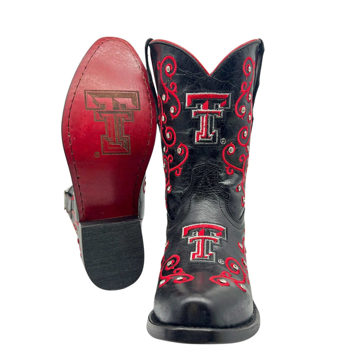 Kid's Texas Tech University Red Raiders Cowgirl Boots | Red Scroll Embroidery Black Snip Toe Boots | Officially Licensed | Chloe