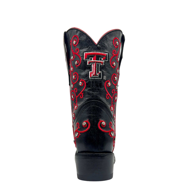 Kid's Texas Tech University Red Raiders Cowgirl Boots | Red Scroll Embroidery Black Snip Toe Boots | Officially Licensed | Chloe