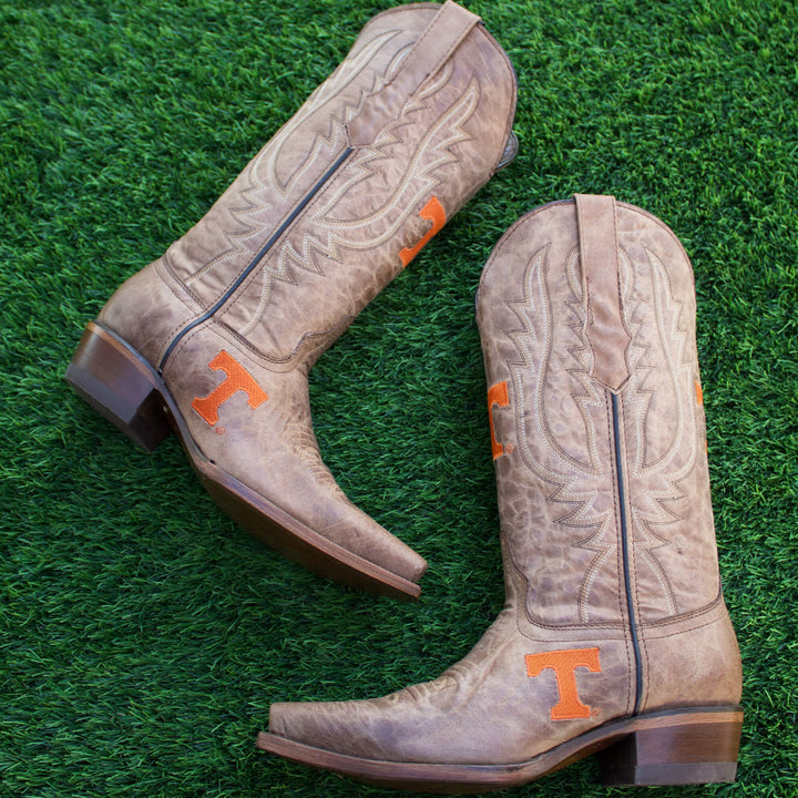 Women's University of Tennessee Vols Tan Leather Snip Toe Cowgirl Boots by Vaccari