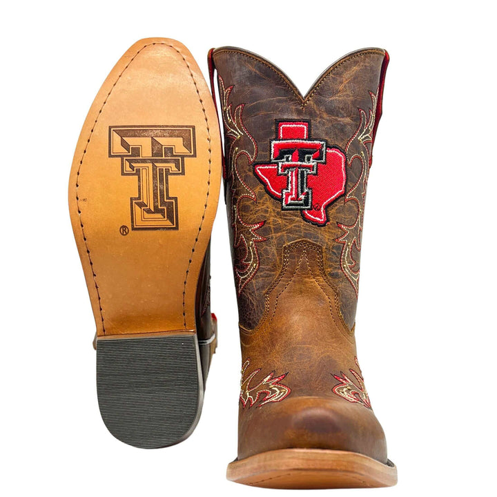 Kids Texas Tech University Red Raiders Cowgirl Boots | Gold studs Tan Snip Toe Boots | Officially Licensed | Amelia