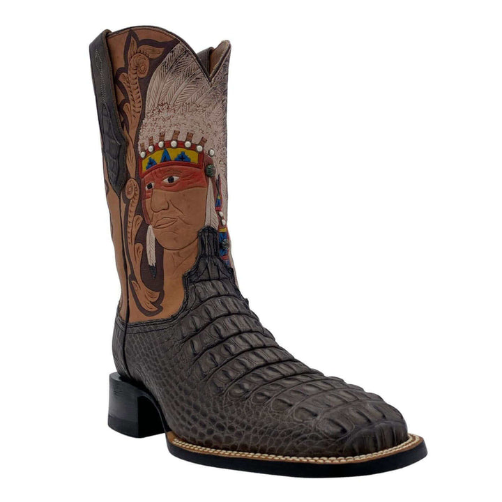 Mens Vaccari Hornback American Alligator Hand Tooled Square Toe Boots